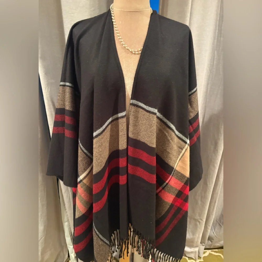 Charter Club Made in Italy Plaid Wrap/Shrug Black/Tan/Red